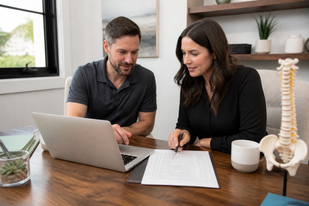 Chiropractor and staff reviewing chiropractic website design content on a laptop in a bright clinic office