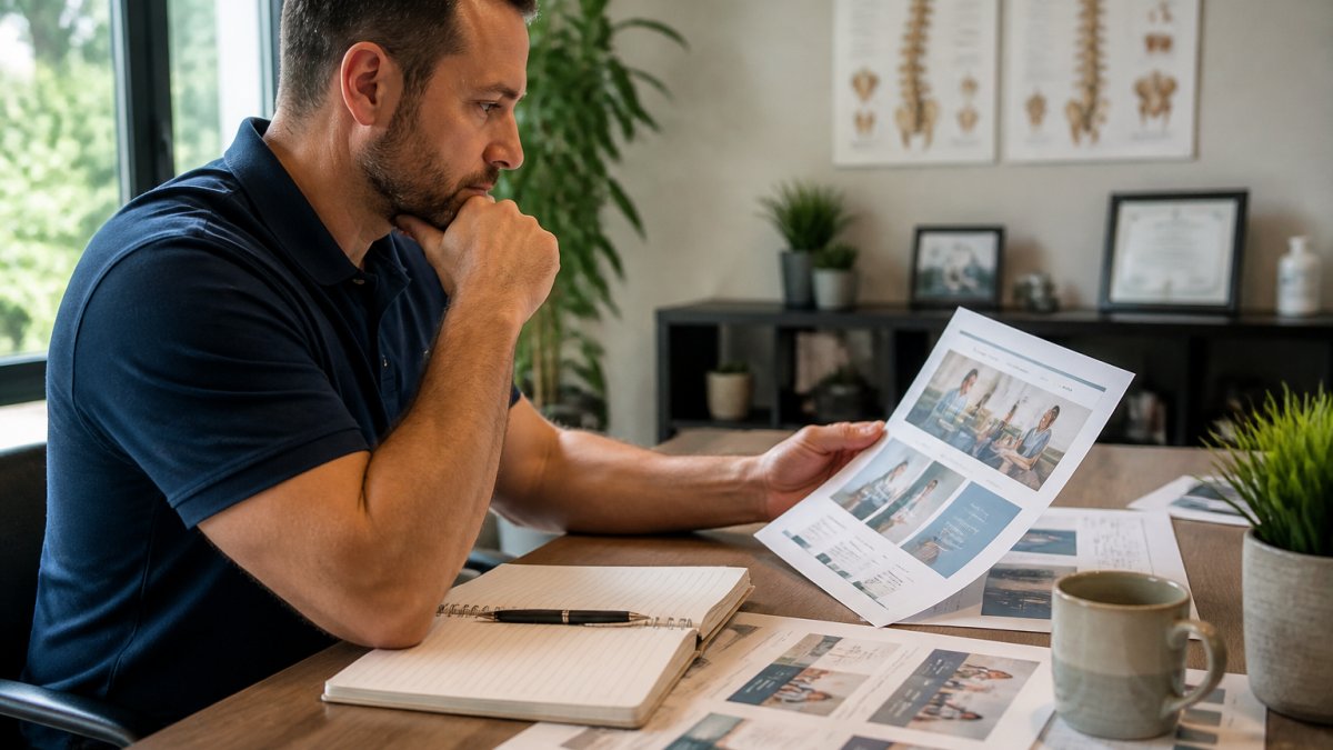 Chiropractor reviewing website design mockups and analytics to evaluate chiropractic website design pricing.