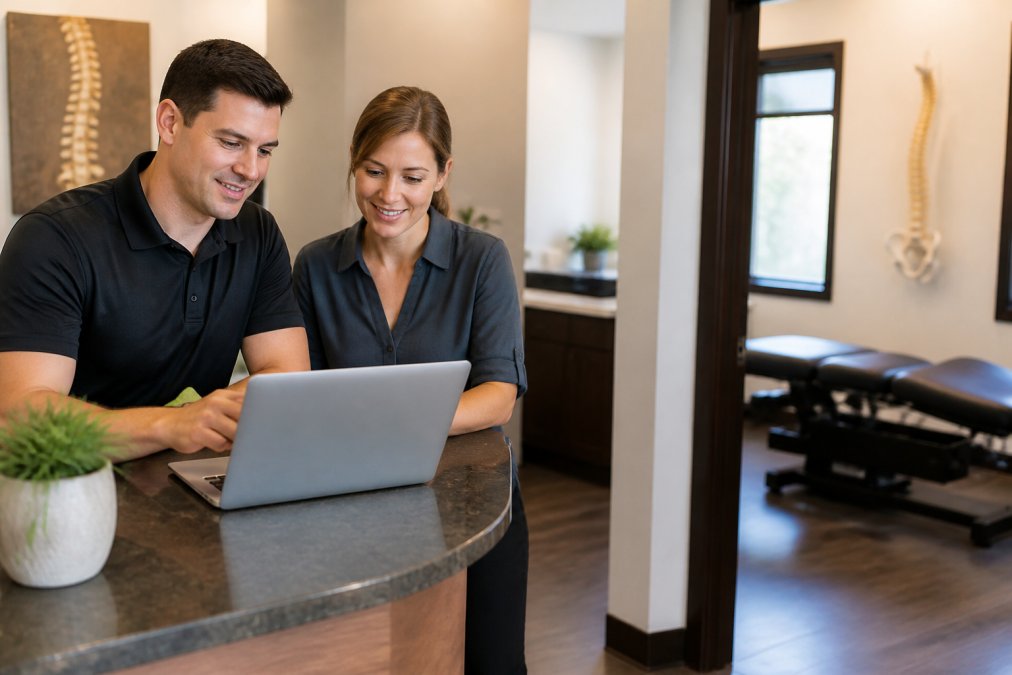 Chiropractor and manager reviewing chiropractic website seo content on a laptop at a clinic front desk