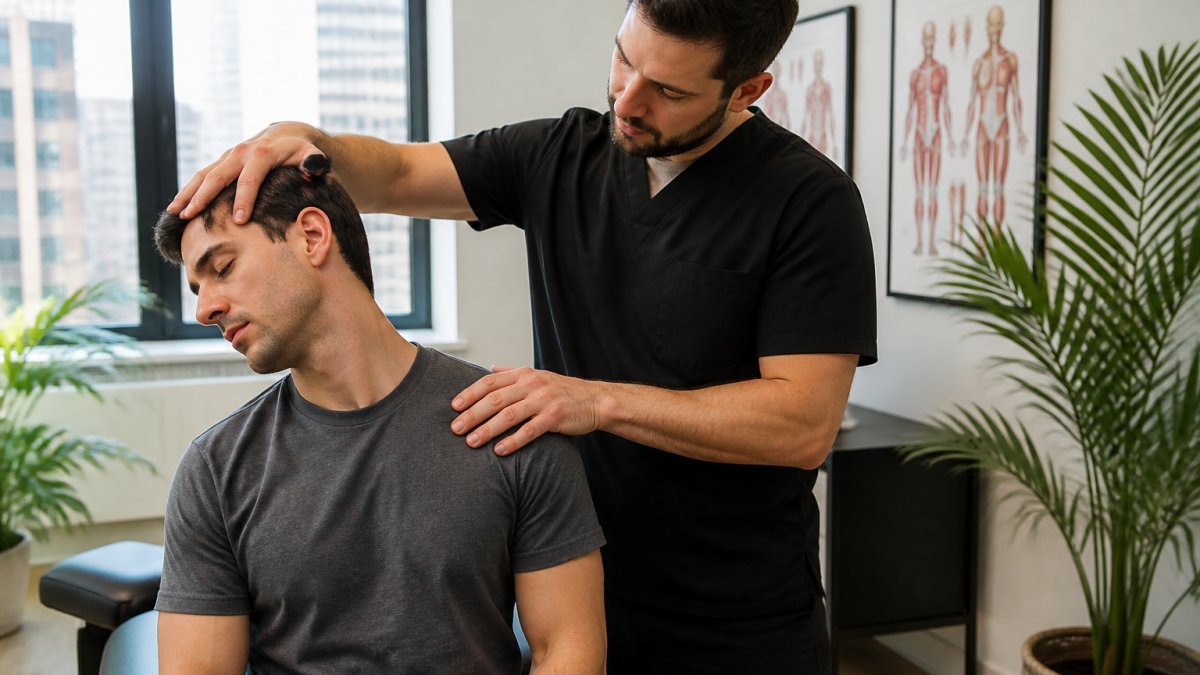 A licensed chiropractor gently guiding a seated adult patient through a neck mobility assessment in a bright, clean treatment room with natural light