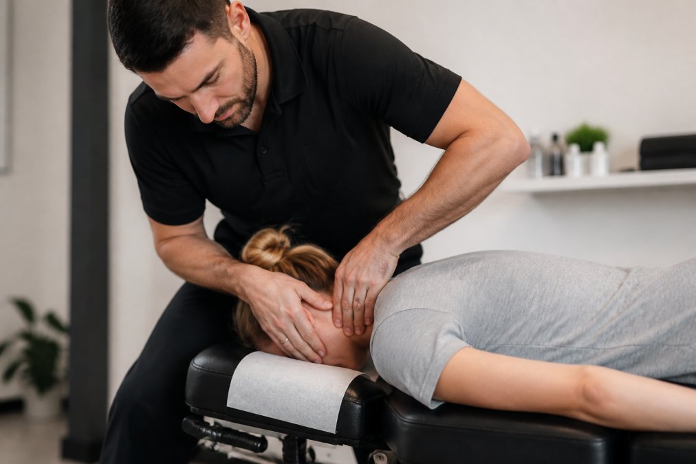 Chiropractor performing cervical spine adjustment on patient lying face-down on adjustment table, hands positioned precisely on upper neck vertebrae, modern clinical setting with soft lighting