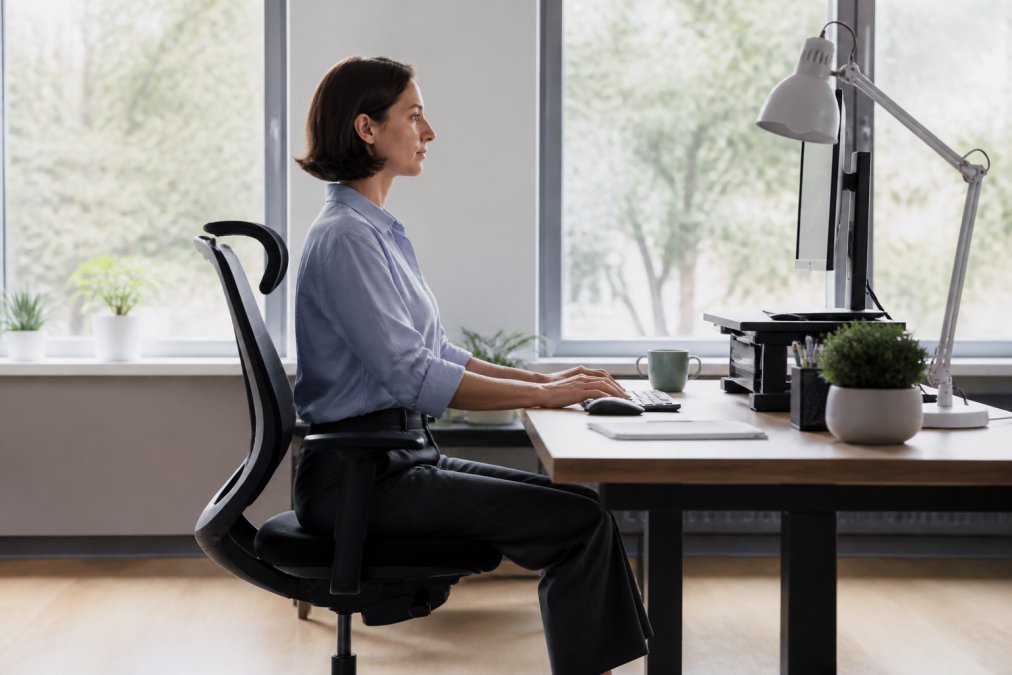 Person sitting at desk with proper ergonomic posture, monitor at eye level, shoulders relaxed and neutral, natural office lighting, demonstrating correct workspace setup for migraine prevention