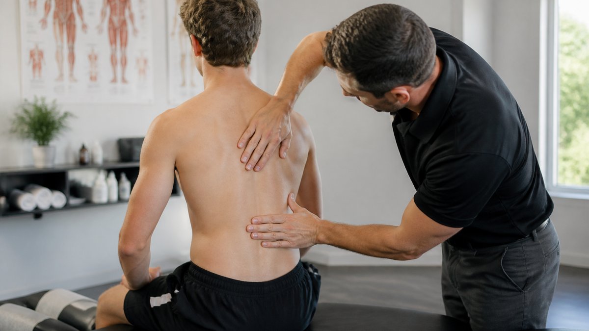 A chiropractor in a bright treatment room performing a gentle assessment on a young athlete's lower back, with anatomical posters and a treatment table visible