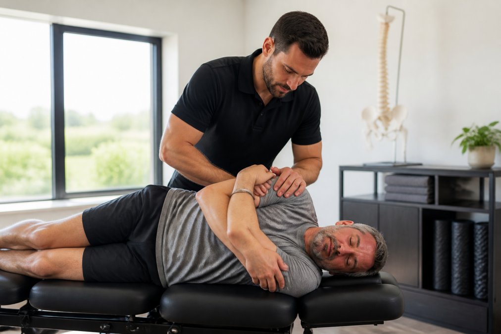A step-by-step process diagram visualizing a chiropractor vs osteopath spinal adjustment session in a clinic.