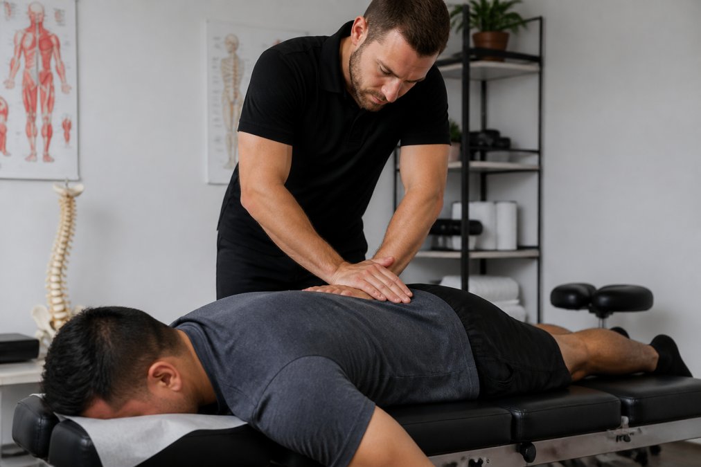 Chiropractor performing spinal manipulation on a patient lying face-down on an adjustment table in a clinical setting with soft overhead lighting and medical equipment visible in background
