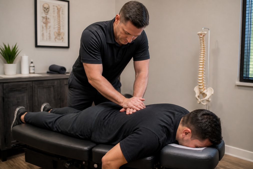 Chiropractor performing spinal manipulation on patient lying face-down on treatment table in clinical setting with soft overhead lighting