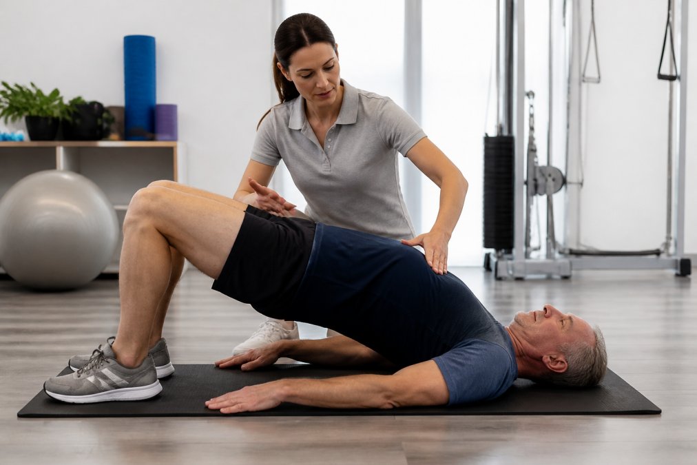 Physical therapist guiding a middle-aged patient through a therapeutic bridge exercise, demonstrating proper hip height and spinal alignment in a bright clinic with exercise mats and therapy equipment