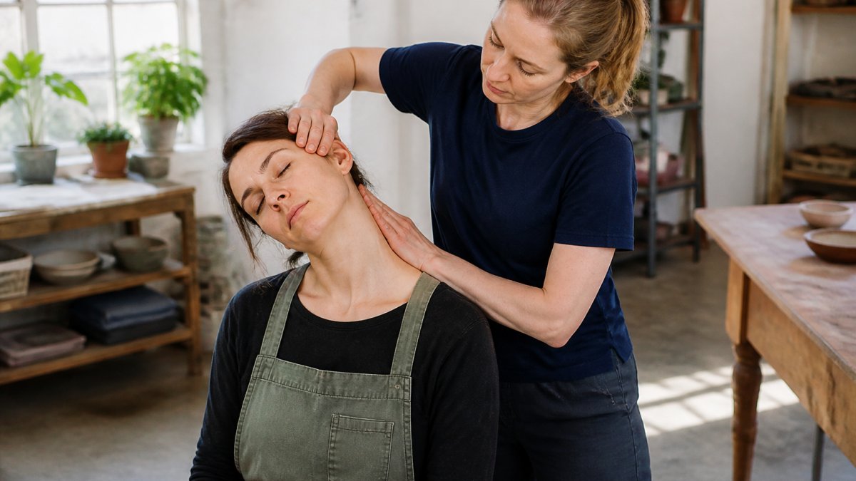 Healthcare professional performing gentle neck examination with patient in calm clinical setting, natural lighting, patient appearing relaxed and engaged