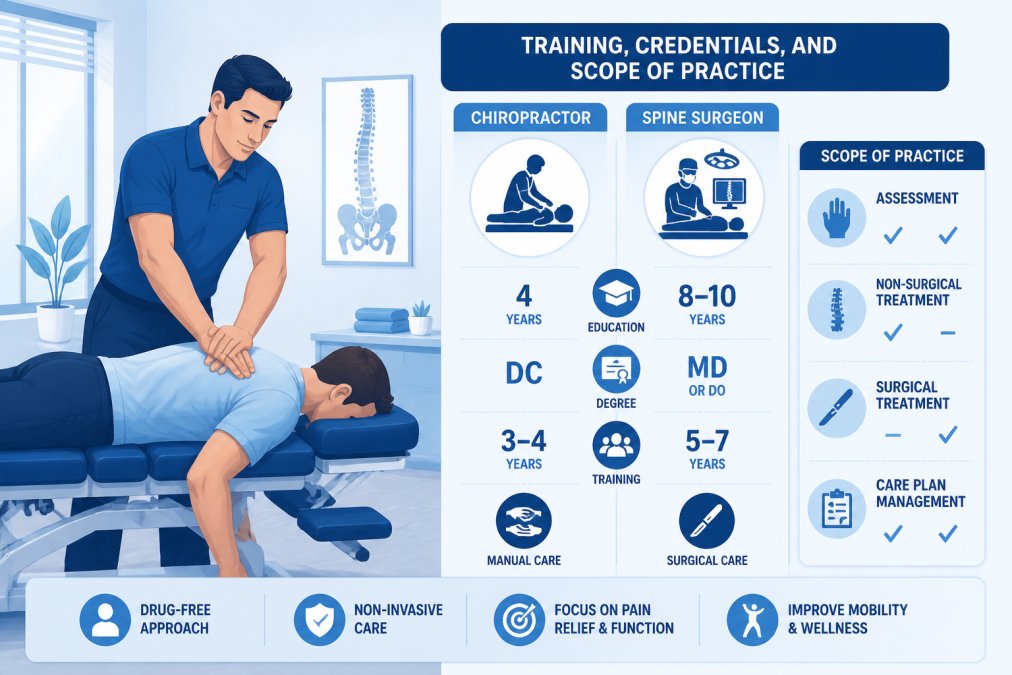 Chiropractor performing spinal manipulation on patient lying face-down on treatment table in modern clinical setting with soft lighting and anatomical spine model visible on wall