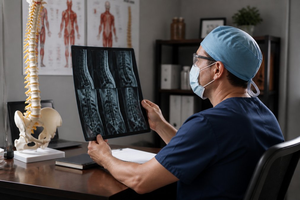 Spine surgeon in surgical mask and protective eyewear reviewing MRI images on illuminated computer monitor in office with anatomical spine models and medical charts on wall behind desk
