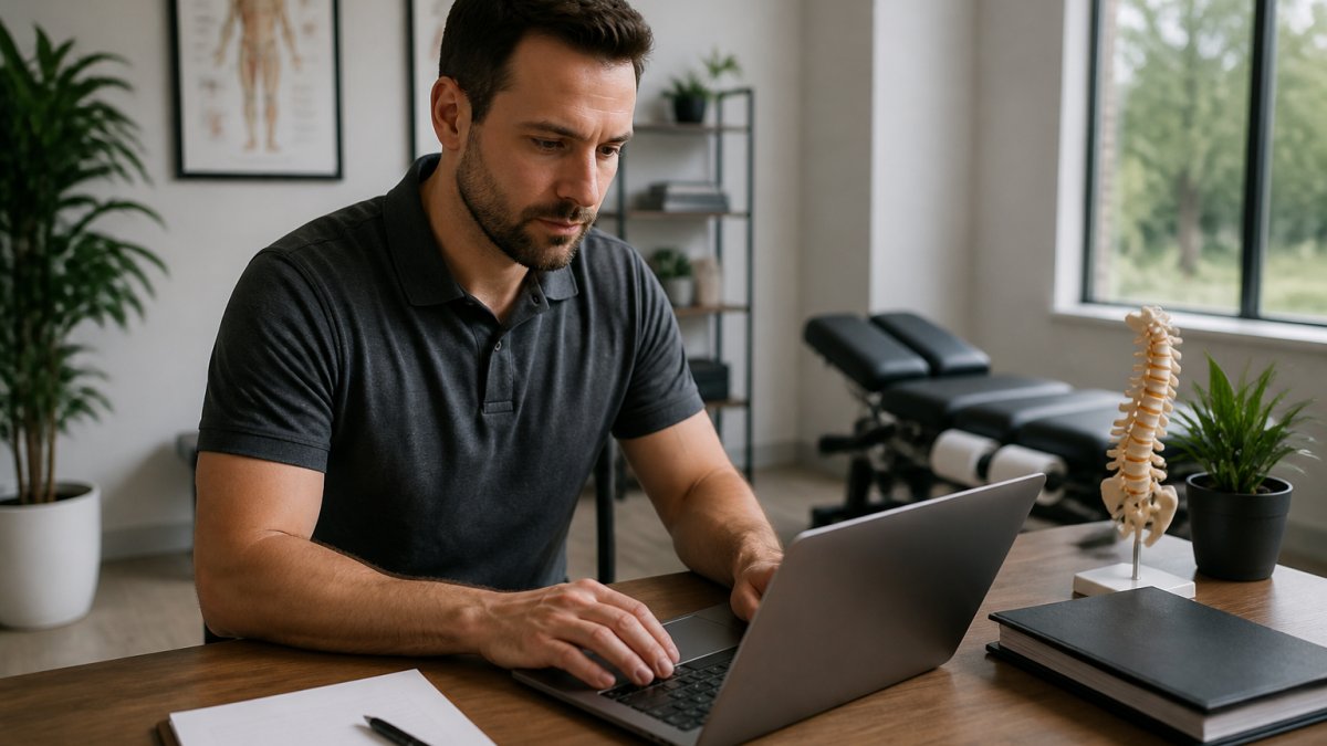 Professional demonstrating chiropractor website booking system integration technique in modern clinical setting with natural lighting