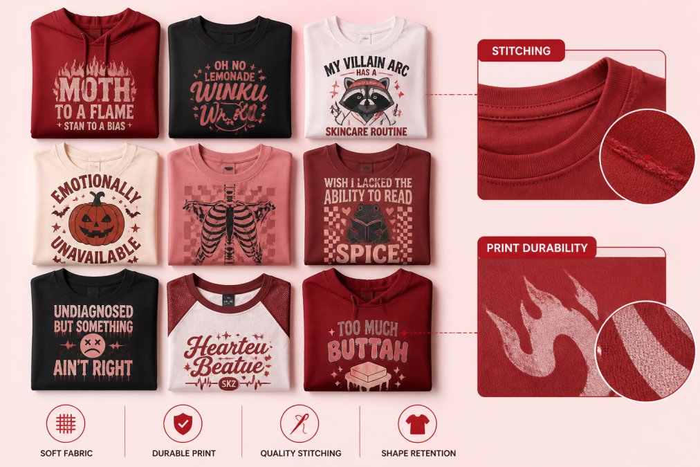 Flat-lay arrangement of folded graphic tees in various colors and prints, showing texture and quality of fabric, with close-up detail of stitching and print durability