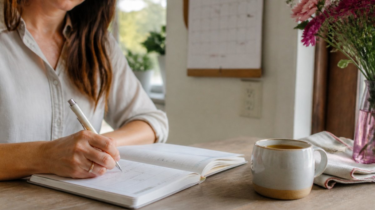 A woman in her thirties sitting at a kitchen table in soft morning light, writing notes in a paper cycle-tracking journal beside a cup of tea, a calendar visible on the wall behind her