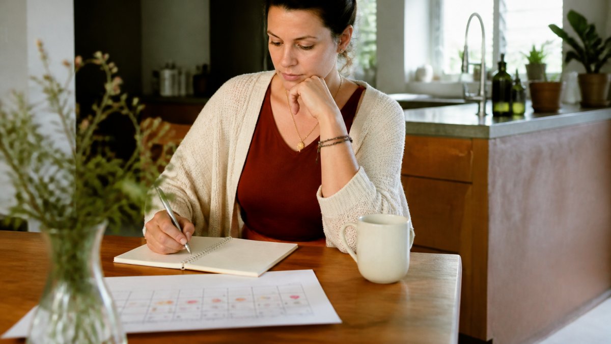 A woman in her thirties sitting at a kitchen table with a notebook, pen and a calendar marked with cycle dates, looking thoughtfully at her notes in soft morning light