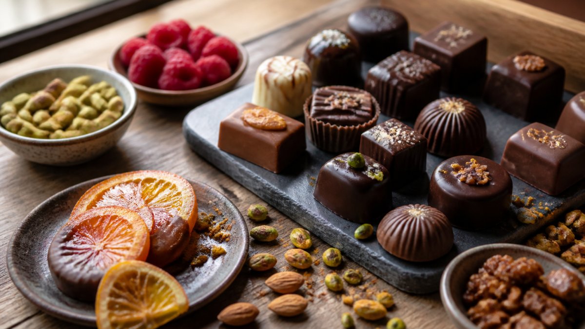 Artisan chocolates arranged on a wooden surface with fresh ingredients like raspberries, pistachios, candied orange, and toasted almonds scattered nearby, showcasing premium craftsmanship and quality ingredients in natural morning light