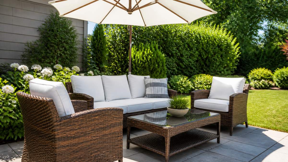 Well-arranged patio with a brown rattan furniture set, thick white cushions, glass coffee table, white umbrella, under the summer sun in a backyard with green shrubs in the background
