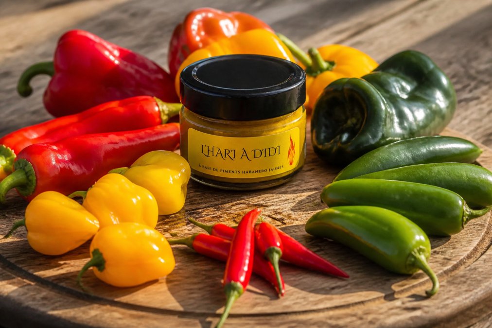 Assortiment de piments frais de différentes couleurs, poivrons rouges et jaunes, piments poblano verts, et petits piments d'Anaheim, disposés sur une planche en bois de style rustique avec une lumière naturelle douce mettant en évidence les textures et les variations de couleur
