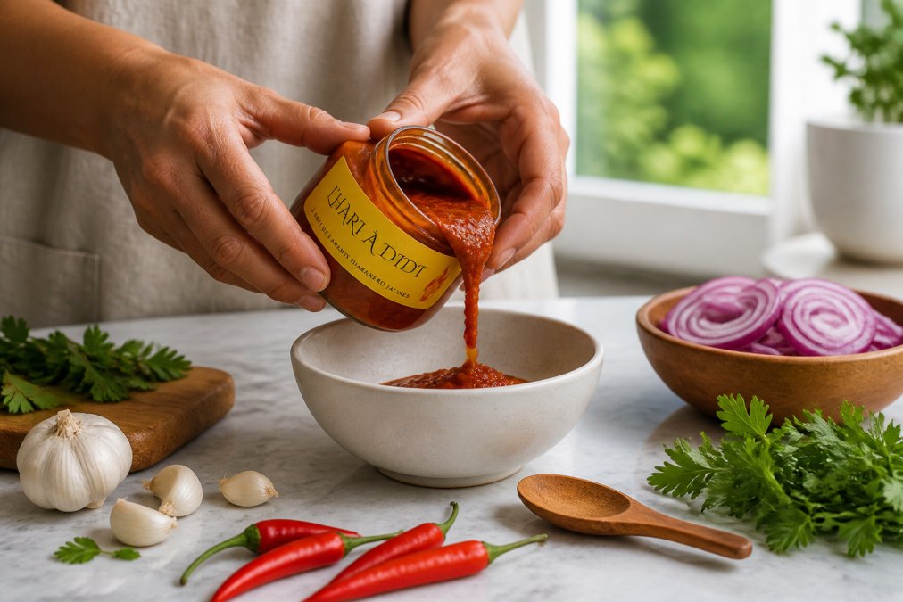 Mains versant délicatement une pâte de piment artisanale rouge dans un bol blanc en céramique, avec des ingrédients frais disposés autour, gousses d'ail pelées, oignons rouges tranchés, herbes fraîches, sur un plan de travail en marbre blanc avec une lumière naturelle douce en arrière-plan