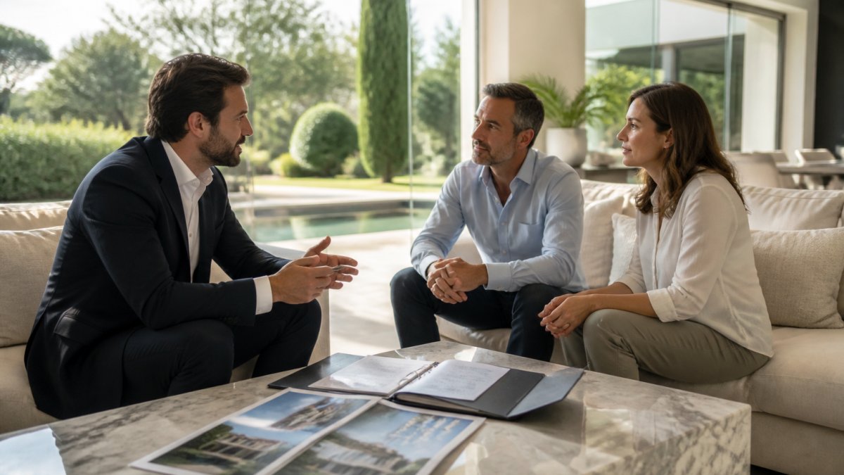 Agent immobilier professionnel en costume discutant avec un couple de propriétaires dans un élégant salon de villa, documents et dossier de vente sur la table en marbre, lumière naturelle provenant des grandes fenêtres