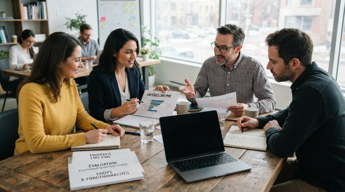 Une équipe de PME réunie autour d'une table de réunion, discutant de stratégie de formation en regardant un écran d'ordinateur portable affichant une interface LMS