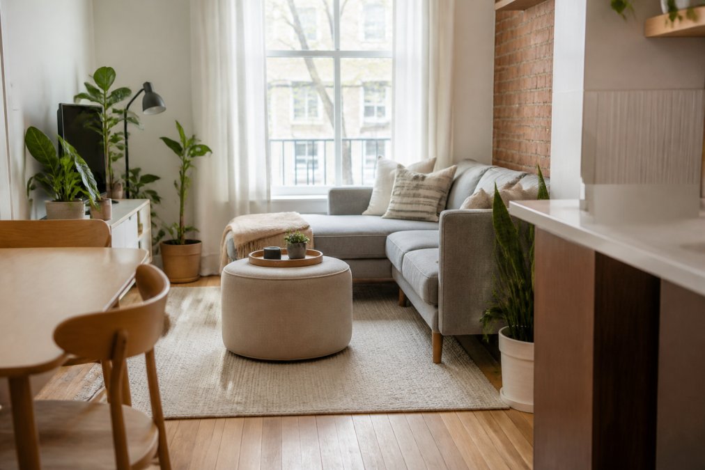 Un petit salon montréalais avec un pouf compact intégré harmonieusement, montrant la circulation fluide autour des meubles et l'équilibre visuel de l'espace