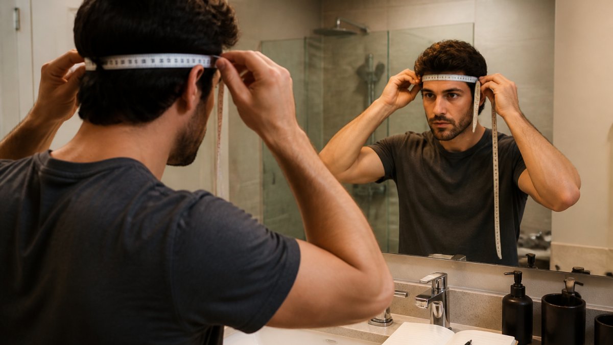 Un homme devant un miroir de salle de bain, un ruban à mesurer souple autour du front et des pommettes, notant ses mesures sur un carnet posé sur le lavabo