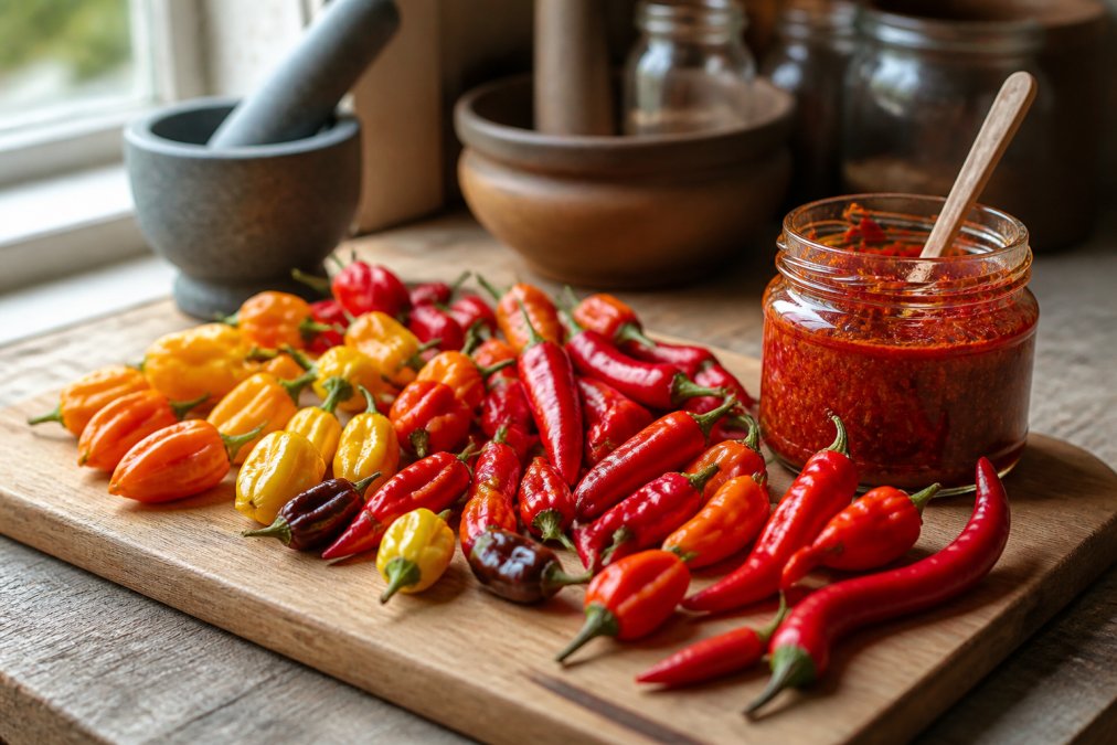 Une sélection de piments frais de différentes couleurs (rouge, jaune, orange) disposés sur une planche en bois dans une cuisine artisanale, avec un petit pot de pâte de piment ouvert à côté, lumière naturelle du jour