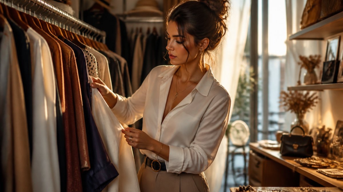 Femme élégante dans son dressing, examinant ses vêtements avec attention, lumière naturelle douce, environnement chaleureux et organisé