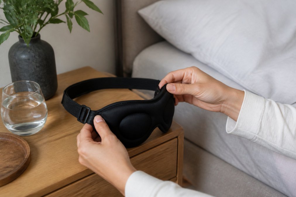 Personne ajustant la sangle d'un masque de sommeil 3D noir sur une table de chevet, lumière naturelle douce dans une chambre calme