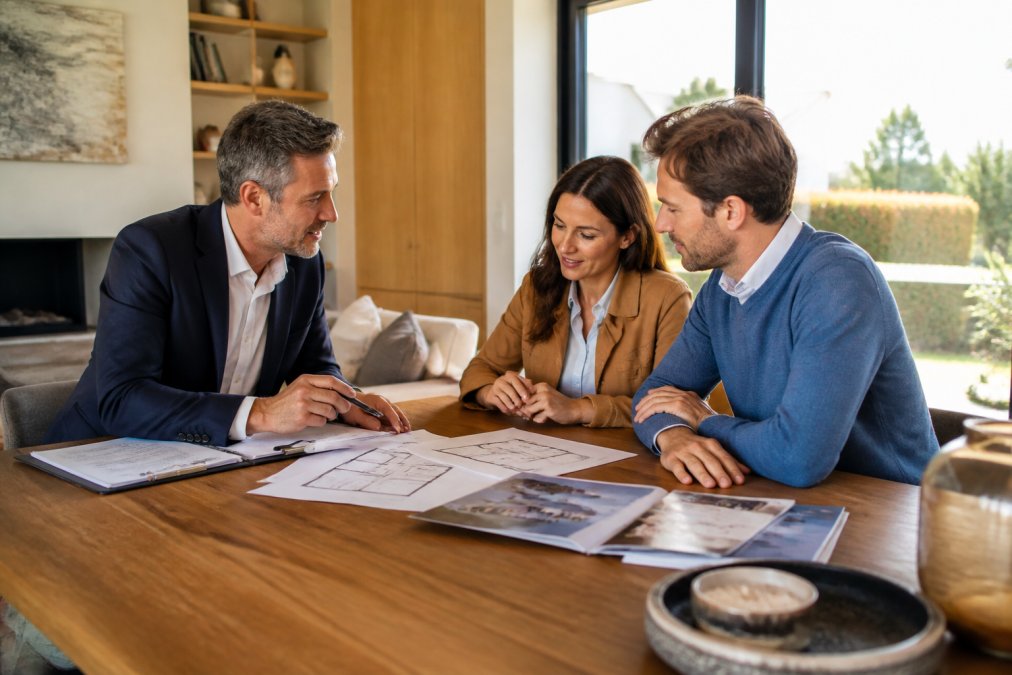 Un agent immobilier en costume discutant avec un couple de propriétaires autour d'une table en bois dans un salon lumineux, des documents et un plan de la maison étalés devant eux, lumière naturelle traversant une grande fenêtre