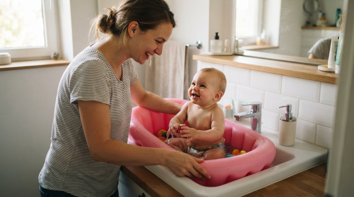 Un parent installe une baignoire bébé petit espace gonflable et rose dans un évier de salle de bain moderne.