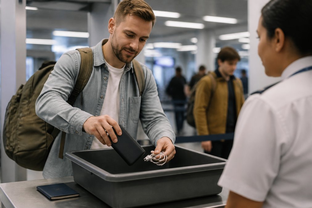 Voyageur sortant une batterie externe et des câbles de son sac à dos pour les placer dans un bac de contrôle aéroportuaire, avec un passeport à proximité, éclairage fluorescent du hall