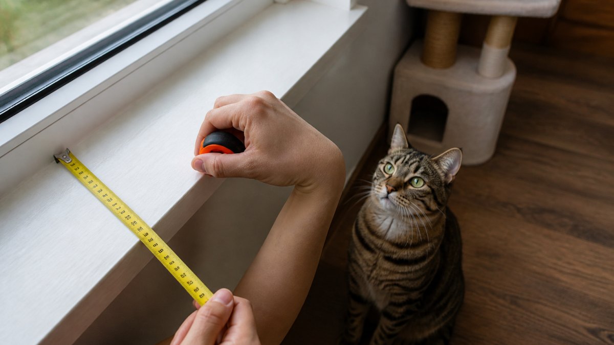 Close-up of a flexible tape measure being used to measure a narrow windowsill depth while a tabby cat watches from below on the floor, natural window light streaming in