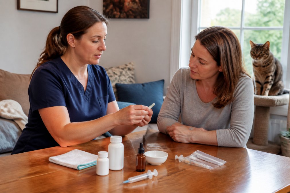Infographic showing the cat sitter medication administration process during a client meet and greet session.