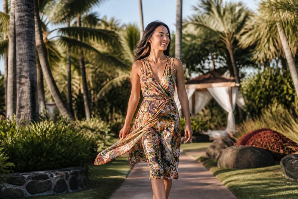 Woman wearing a flowing midi dress in a tropical outdoor setting with palm trees, natural sunlight, and soft breeze creating gentle movement in the fabric