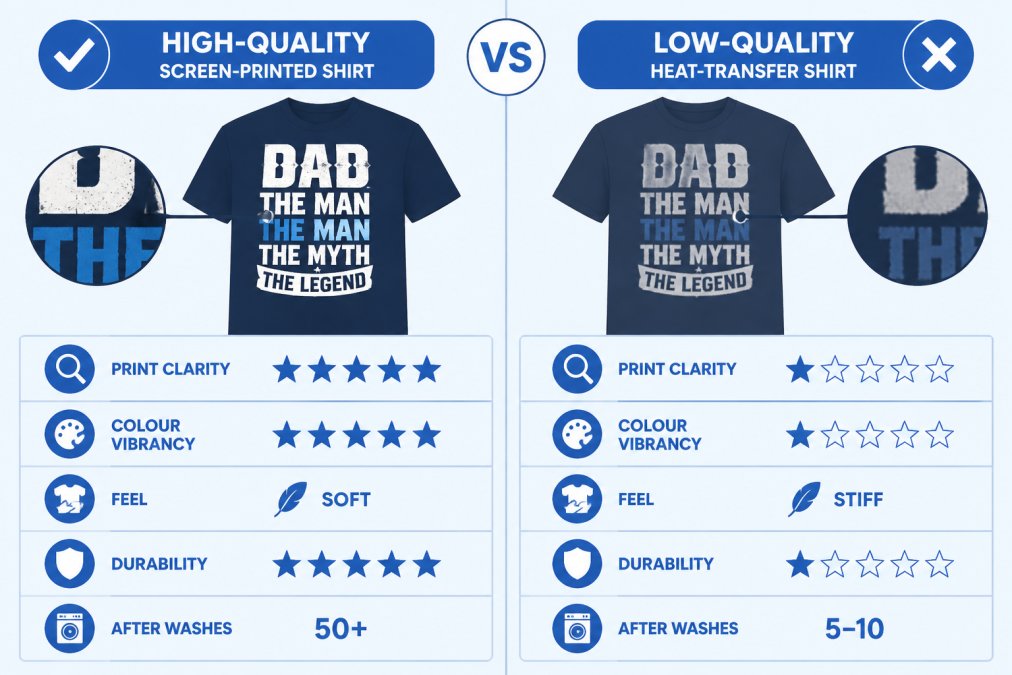 Side-by-side comparison of a high-quality screen-printed shirt (crisp, vibrant print with clean edges) and a low-quality heat-transfer shirt (blurry, dull print with fuzzy edges)