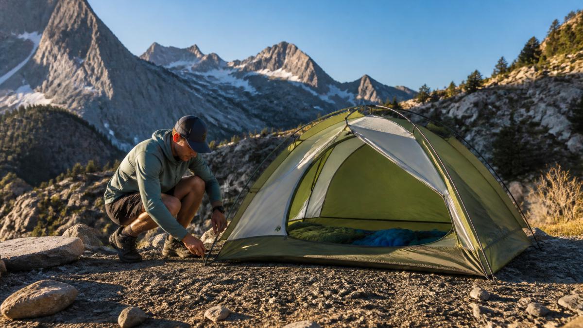 Hiker setting up a lightweight freestanding tent on a rocky alpine campsite with mountains visible in the background, morning sunlight illuminating the scene
