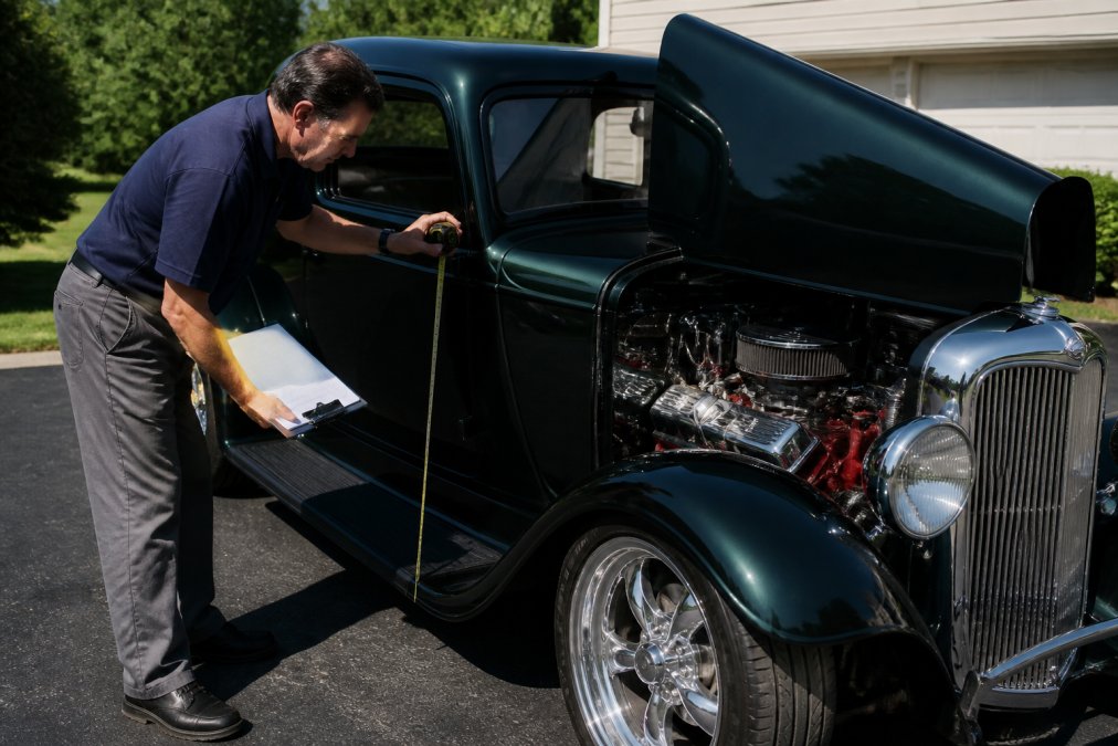 Professional appraiser examining a classic street rod or kit car in bright daylight, taking measurements and notes, with the vehicle's custom modifications clearly visible