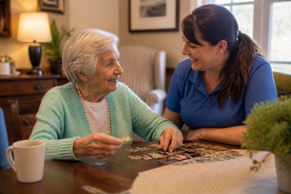 Caregiver engaging a senior in a memory care facility Medicaid-approved home setting