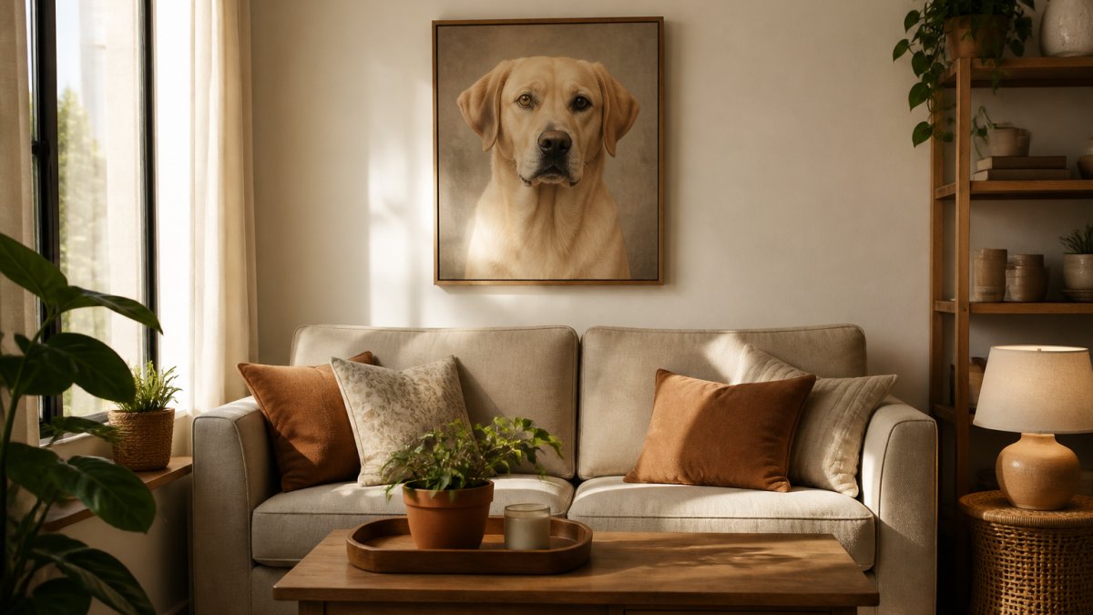 A framed dog portrait hanging above a neutral sofa in a cozy, sunlit living room with earth-tone furniture.