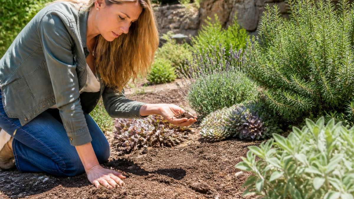 Homeowner kneeling in garden bed, examining soil texture in their hand with various drought-tolerant plants visible in background under bright afternoon sun