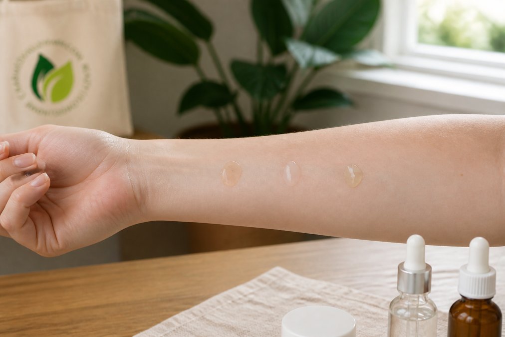 Close-up of woman's inner forearm showing three small patches of different serums applied to test areas, spaced 2 inches apart, with natural daylight illuminating the skin