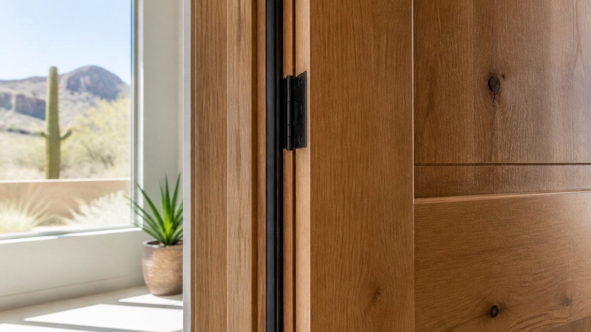 Close-up of a solid wood interior door installed in a bright desert home with natural sunlight streaming through a nearby window, showing the door finish, frame detail, and weatherstripping seal