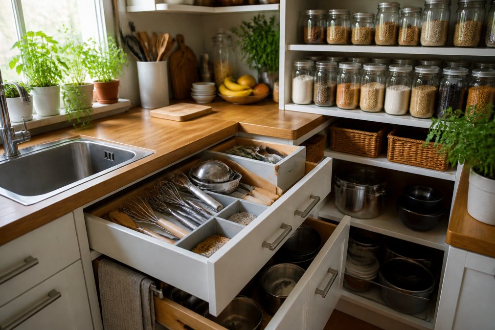 Interior view of a compact kitchen with organized drawers and shelves, showing efficient storage of cooking tools, labeled glass containers for pantry staples, and fresh herbs in a small window