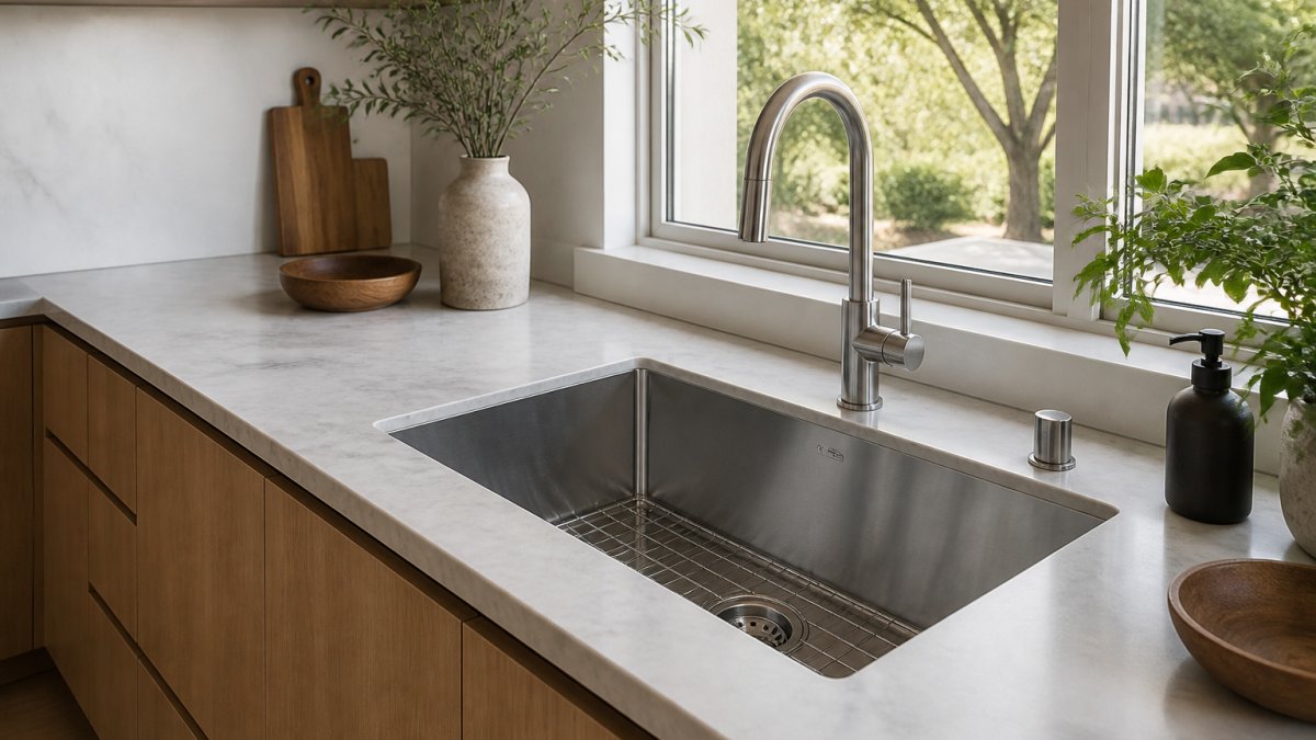 Modern luxury kitchen with a premium sink installation featuring polished stainless steel basin, marble countertop, minimalist Scandinavian cabinetry, and natural window lighting