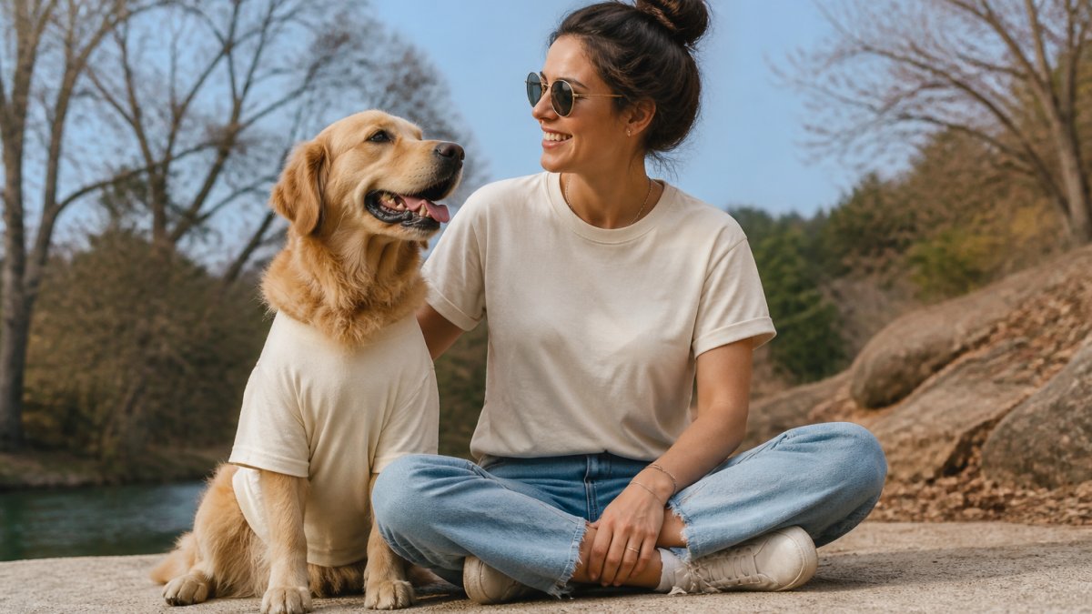Happy dog owner and pet wearing coordinated casual t-shirts during a relaxed outdoor photoshoot in natural light.