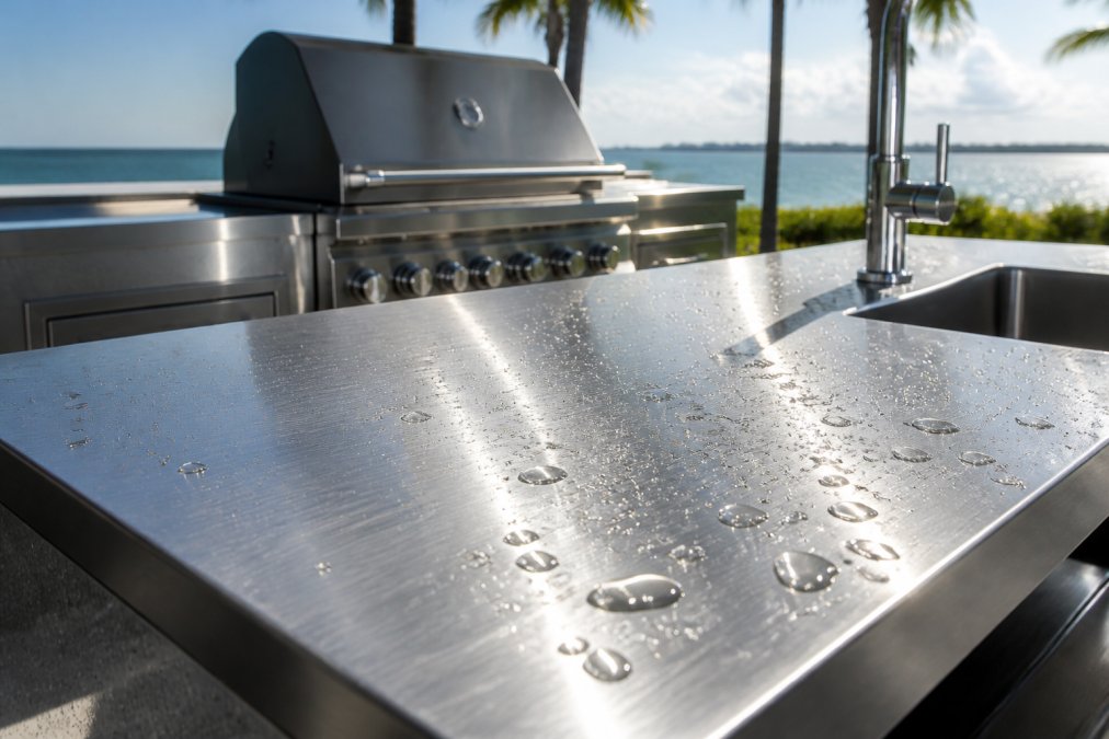 Close-up of marine-grade stainless steel outdoor kitchen countertop with water beads and coastal sunlight reflecting off the brushed finish, showing the material's corrosion resistance and professional appearance