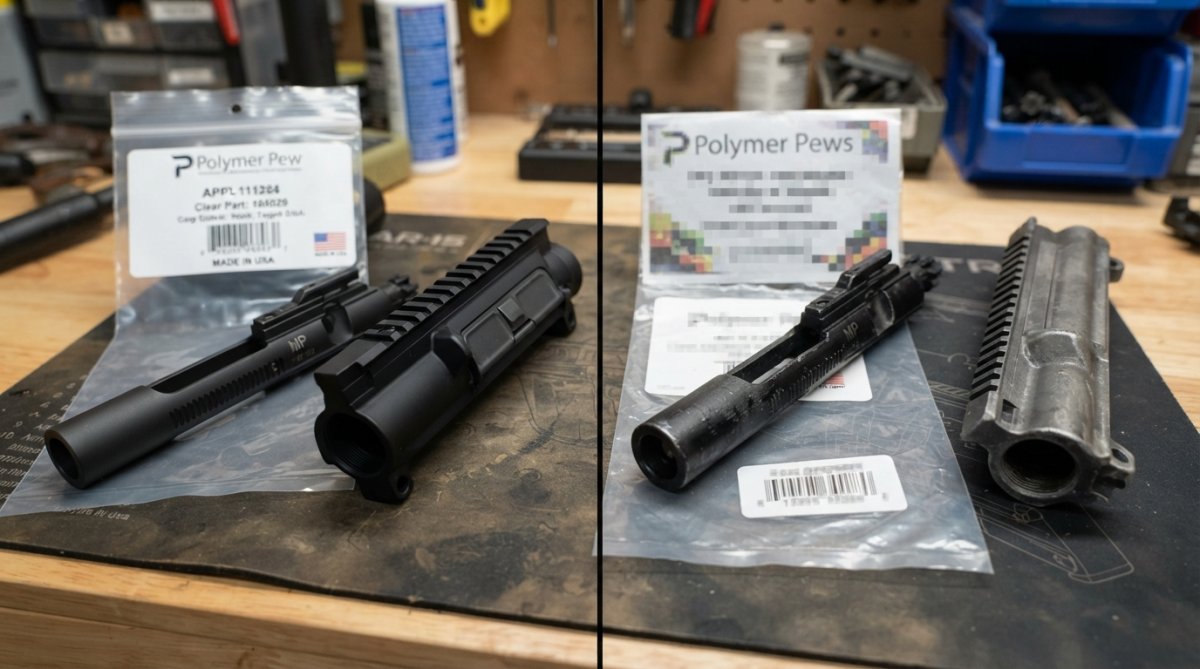 Comparison chart contrasting reliable budget weapon parts with counterfeit components showing quality differences.