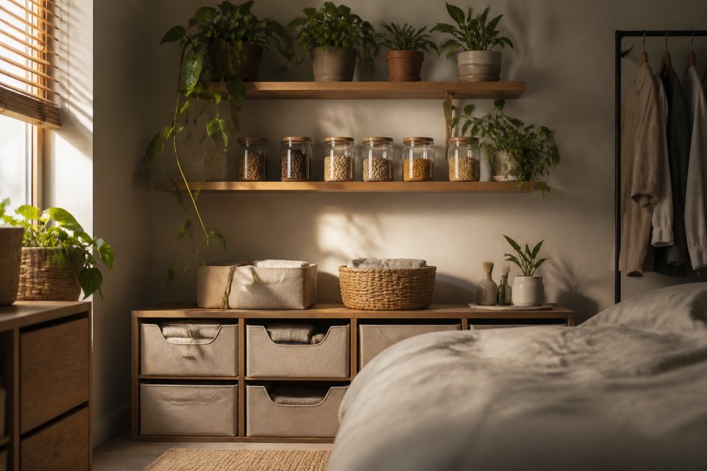 Small bedroom corner featuring wooden shelves and fabric bins as sustainable home organization products in sunlight.