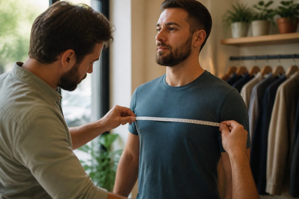 Person wearing a fitted t-shirt with a measuring tape placed horizontally across the chest at the fullest point, demonstrating proper measurement technique with natural lighting